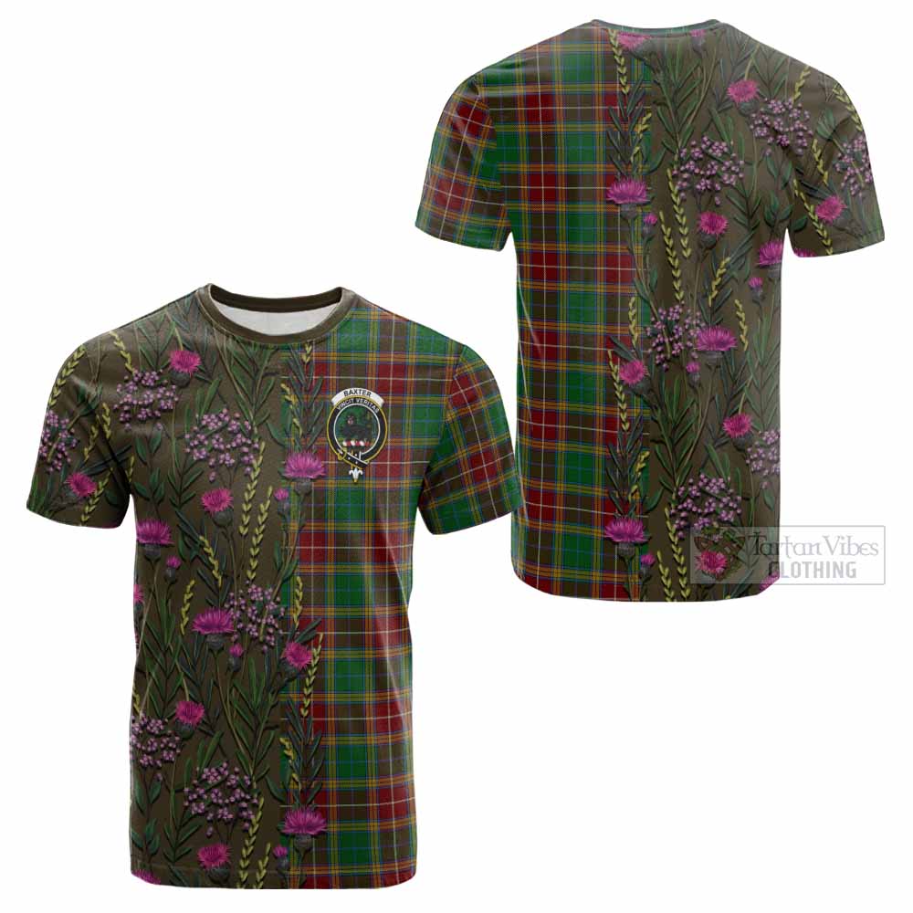 Baxter Family Crest Tartan Cotton T-shirt Scottish Thistle Flower Pattern Half Style - Tartan Vibes Clothing