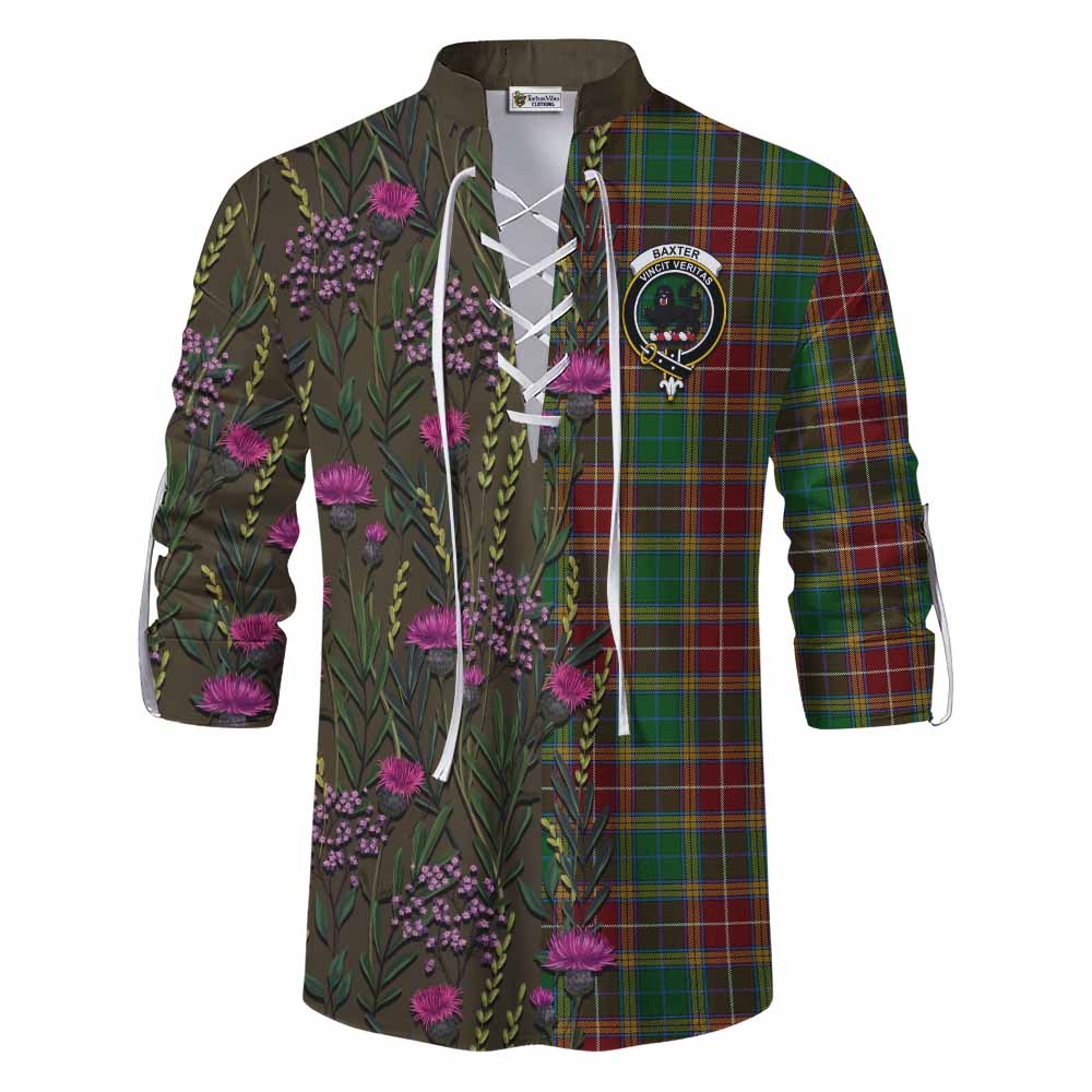 Baxter Family Crest Tartan Ghillie Shirt Scottish Thistle Flower Pattern Half Style - Tartan Vibes Clothing
