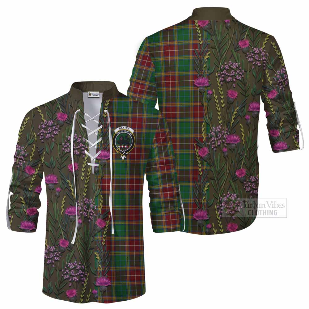 Baxter Family Crest Tartan Ghillie Shirt Scottish Thistle Flower Pattern Half Style - Tartan Vibes Clothing