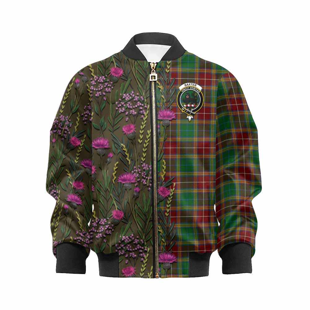 Baxter Family Crest Tartan Kid Bomber Jacket Scottish Thistle Flower Pattern Half Style - Tartan Vibes Clothing