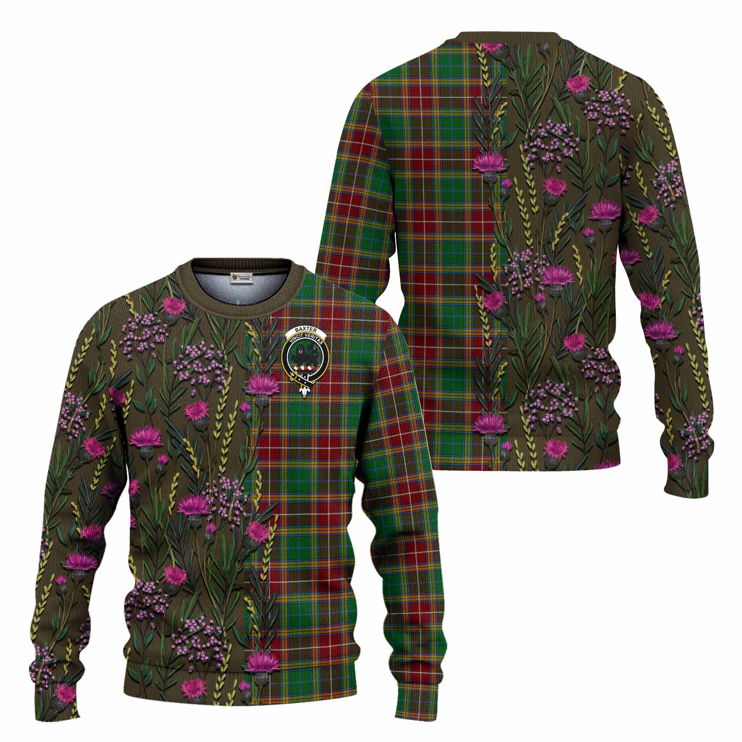 Baxter Family Crest Tartan Knitted Sweater Scottish Thistle Flower Pattern Half Style - Tartan Vibes Clothing