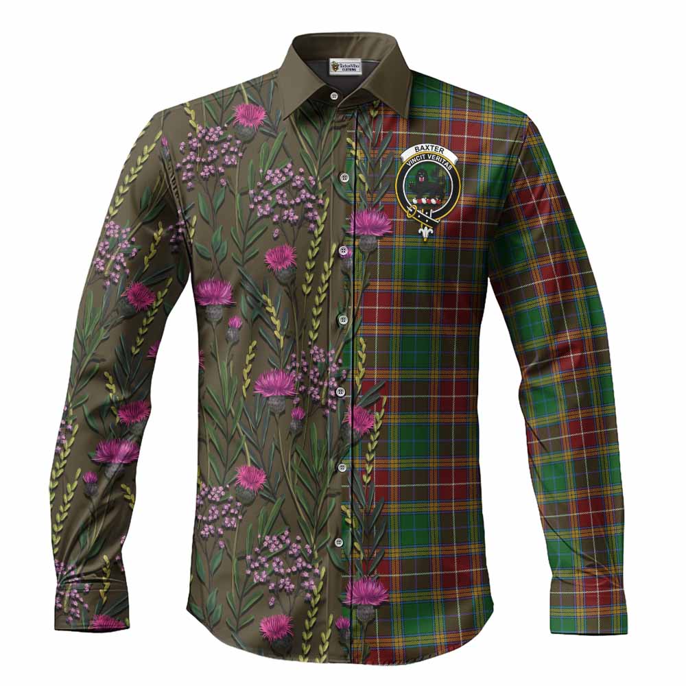 Baxter Family Crest Tartan Long Sleeve Button Shirts Scottish Thistle Flower Pattern Half Style - Tartan Vibes Clothing