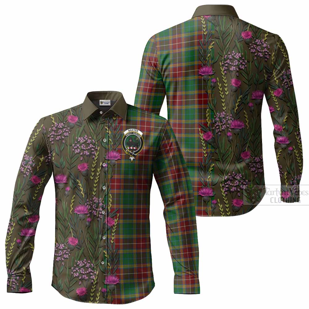 Baxter Family Crest Tartan Long Sleeve Button Shirts Scottish Thistle Flower Pattern Half Style - Tartan Vibes Clothing
