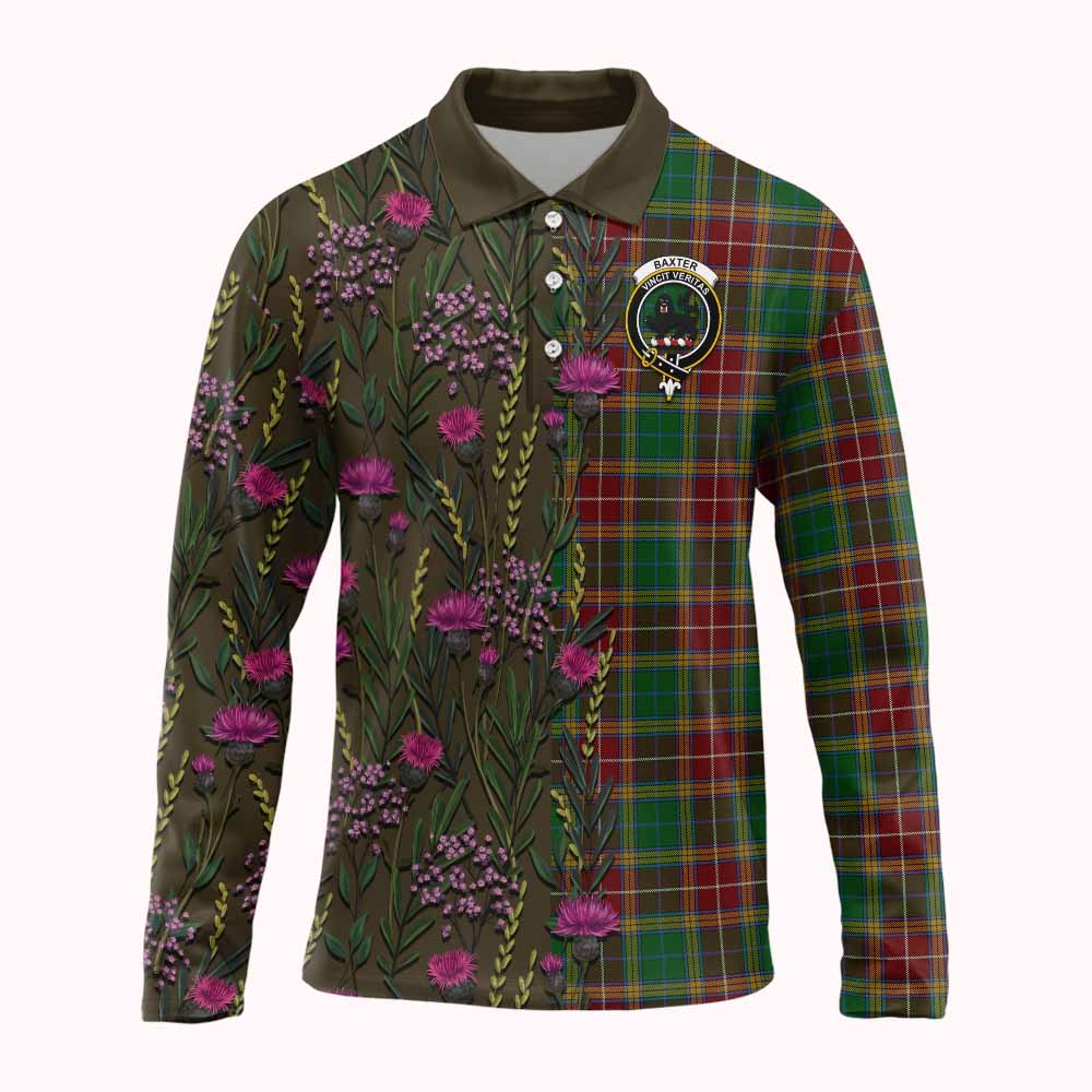 Baxter Family Crest Tartan Long Sleeve Polo Shirt Scottish Thistle Flower Pattern Half Style - Tartan Vibes Clothing