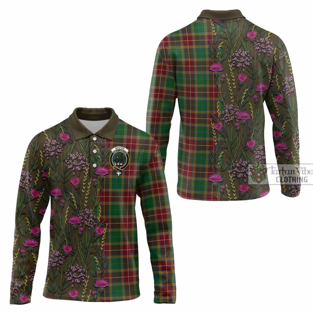 Baxter Family Crest Tartan Long Sleeve Polo Shirt Scottish Thistle Flower Pattern Half Style - Tartan Vibes Clothing