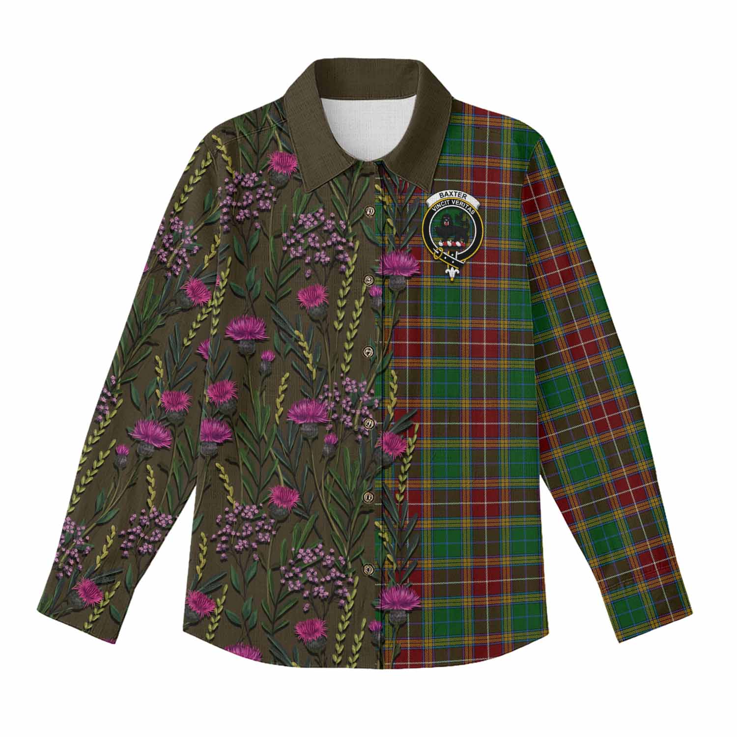 Baxter Family Crest Tartan Women Casual Shirt Scottish Thistle Flower Pattern Half Style - Tartan Vibes Clothing