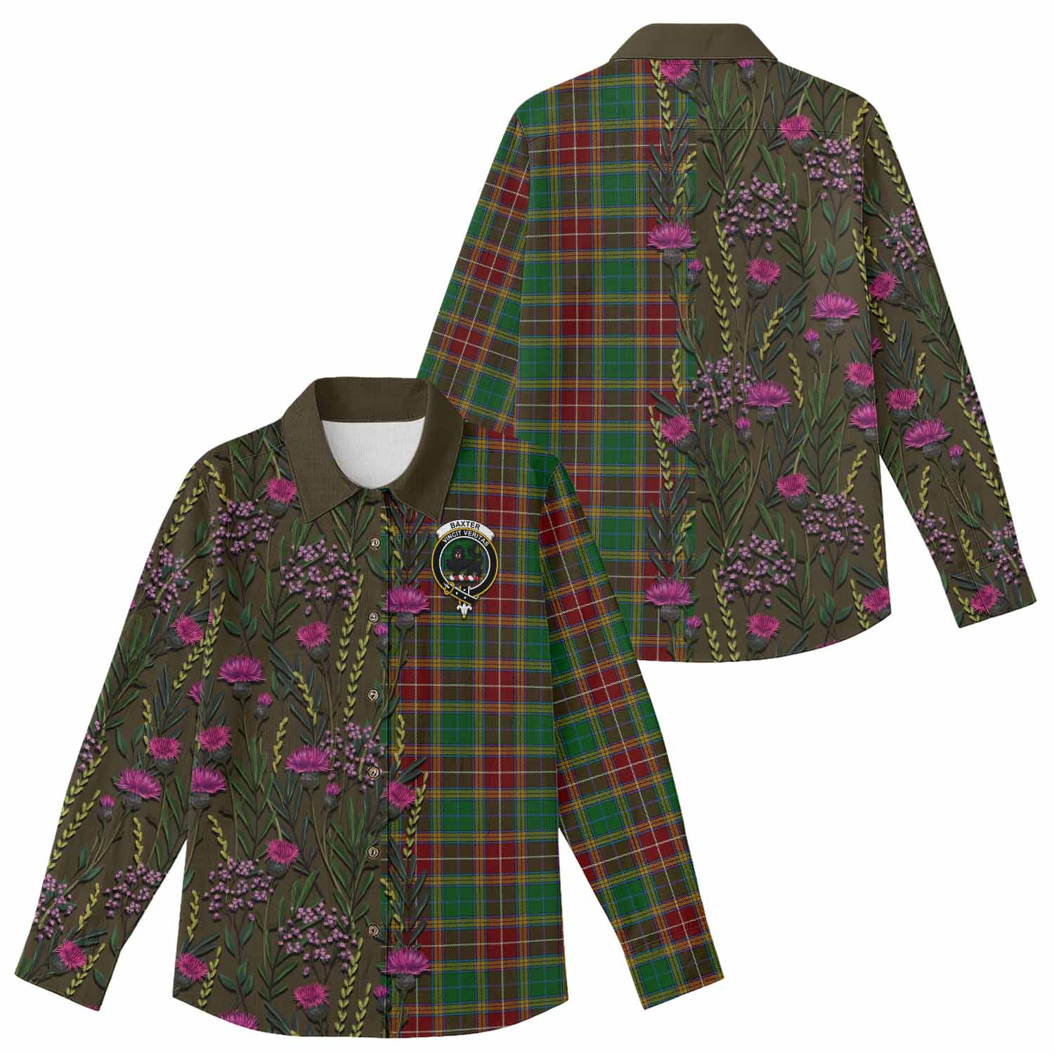 Baxter Family Crest Tartan Women Casual Shirt Scottish Thistle Flower Pattern Half Style - Tartan Vibes Clothing