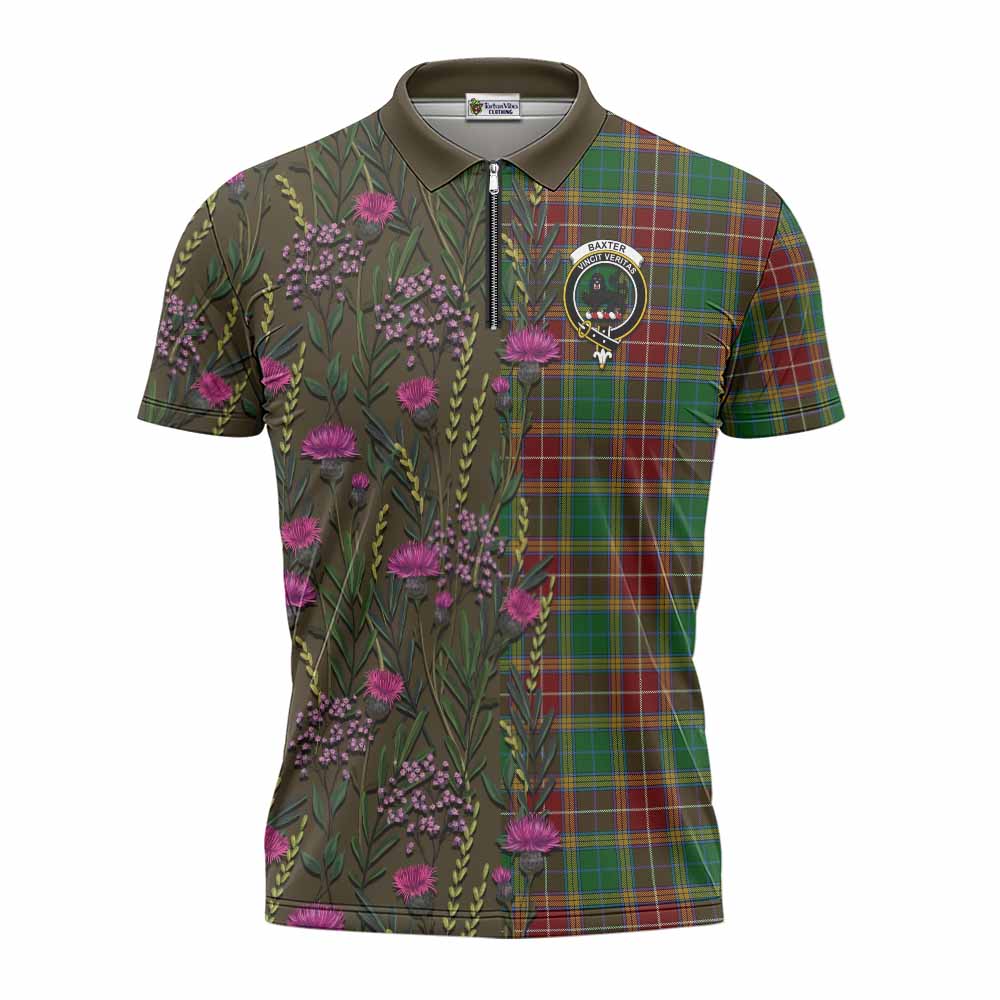 Baxter Family Crest Tartan Zipper Polo Shirt Scottish Thistle Flower Pattern Half Style - Tartan Vibes Clothing