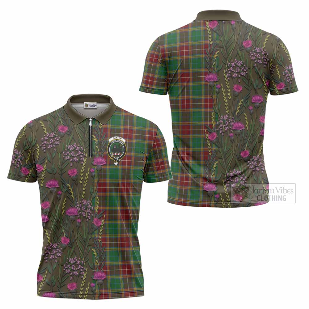 Baxter Family Crest Tartan Zipper Polo Shirt Scottish Thistle Flower Pattern Half Style - Tartan Vibes Clothing