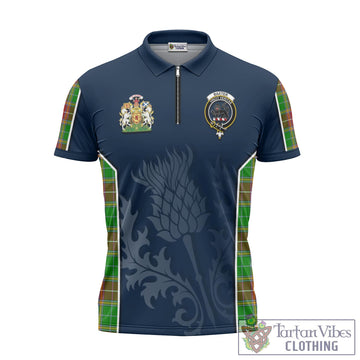 Baxter Modern Tartan Zipper Polo Shirt with Family Crest and Scottish Thistle Vibes Sport Style