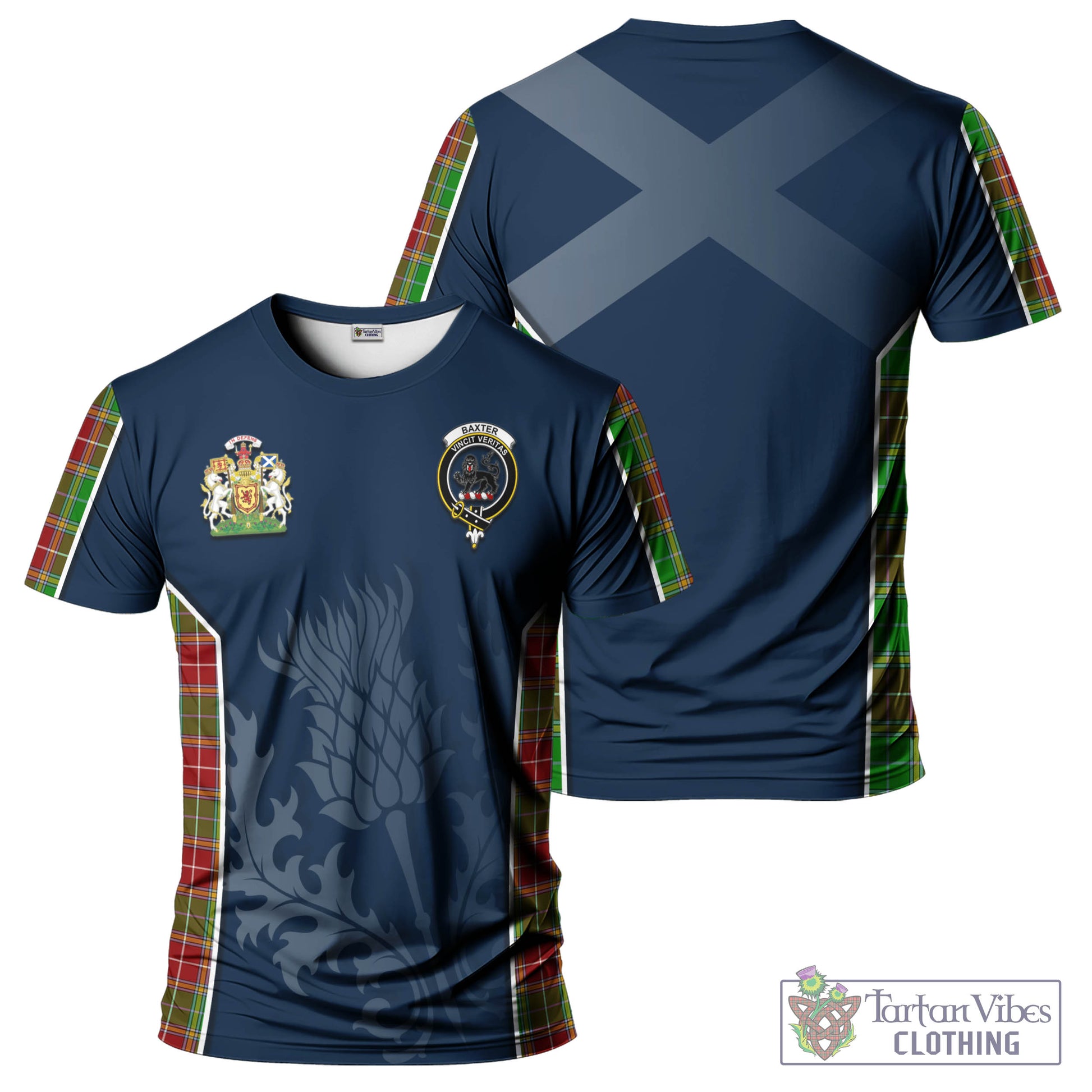 Tartan Vibes Clothing Baxter Modern Tartan T-Shirt with Family Crest and Scottish Thistle Vibes Sport Style