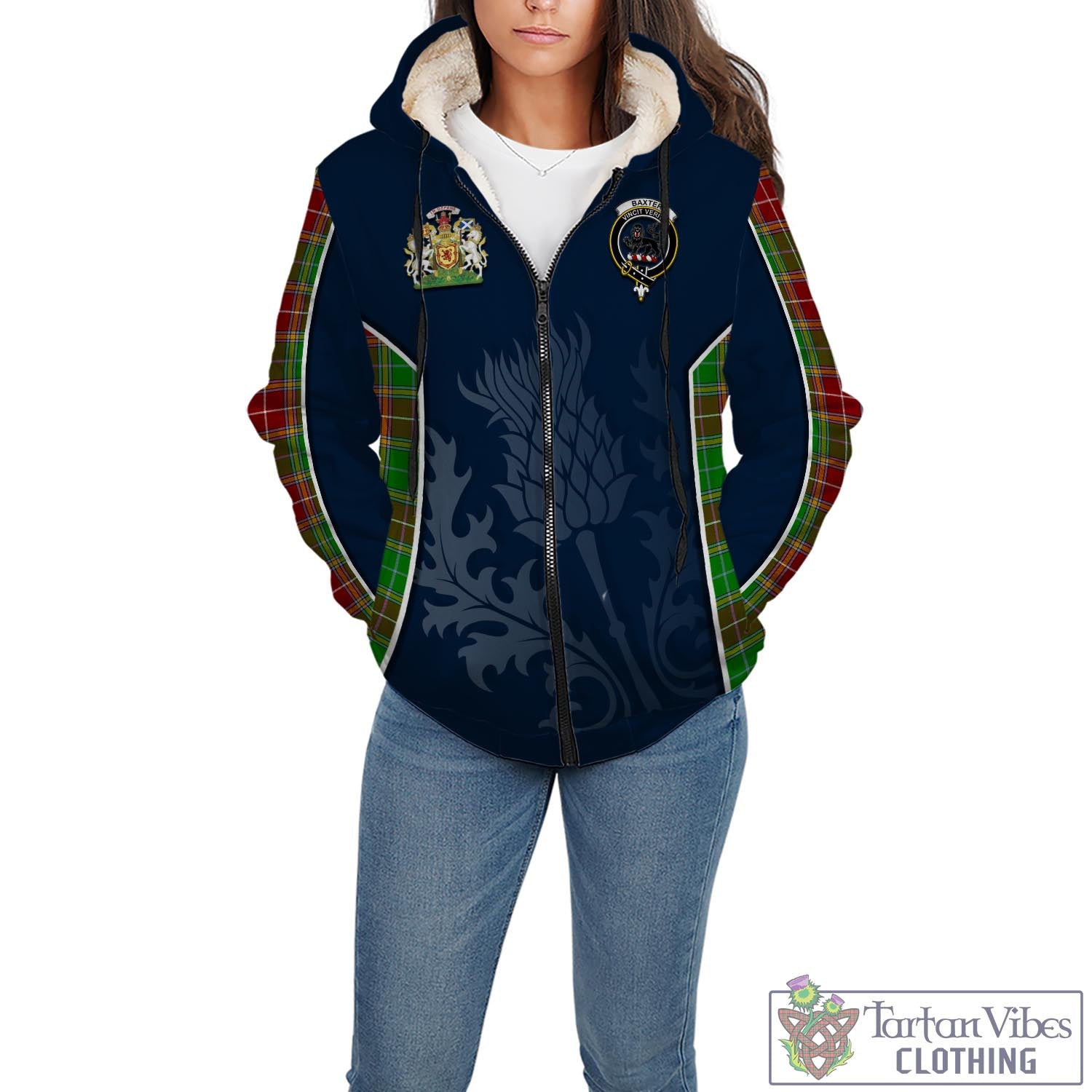Tartan Vibes Clothing Baxter Modern Tartan Sherpa Hoodie with Family Crest and Scottish Thistle Vibes Sport Style