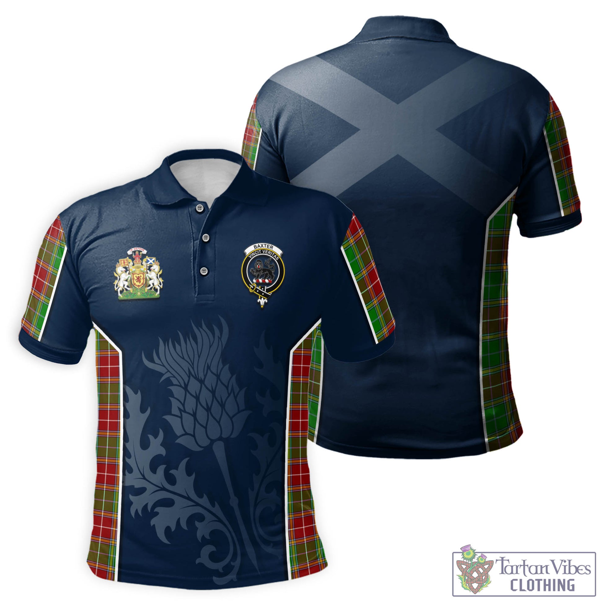 Tartan Vibes Clothing Baxter Modern Tartan Men's Polo Shirt with Family Crest and Scottish Thistle Vibes Sport Style
