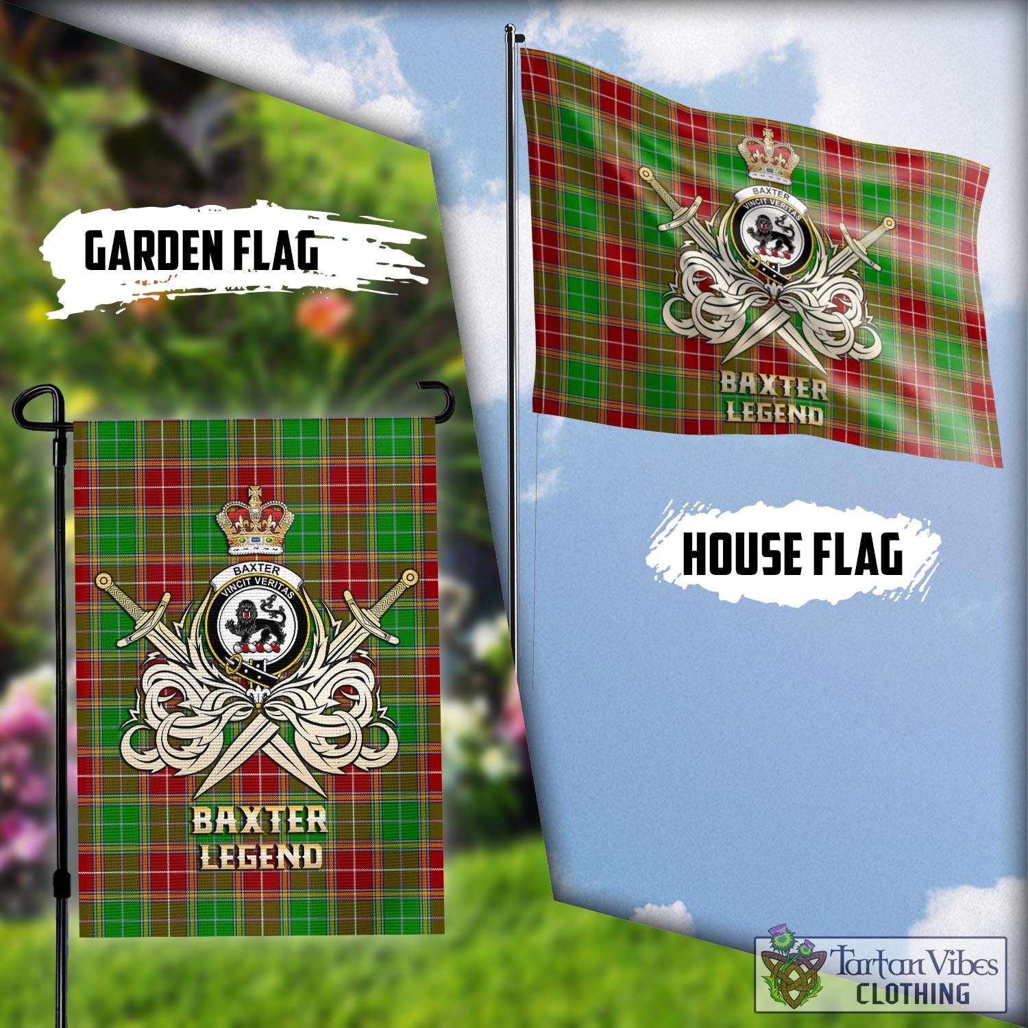 Tartan Vibes Clothing Baxter Modern Tartan Flag with Clan Crest and the Golden Sword of Courageous Legacy