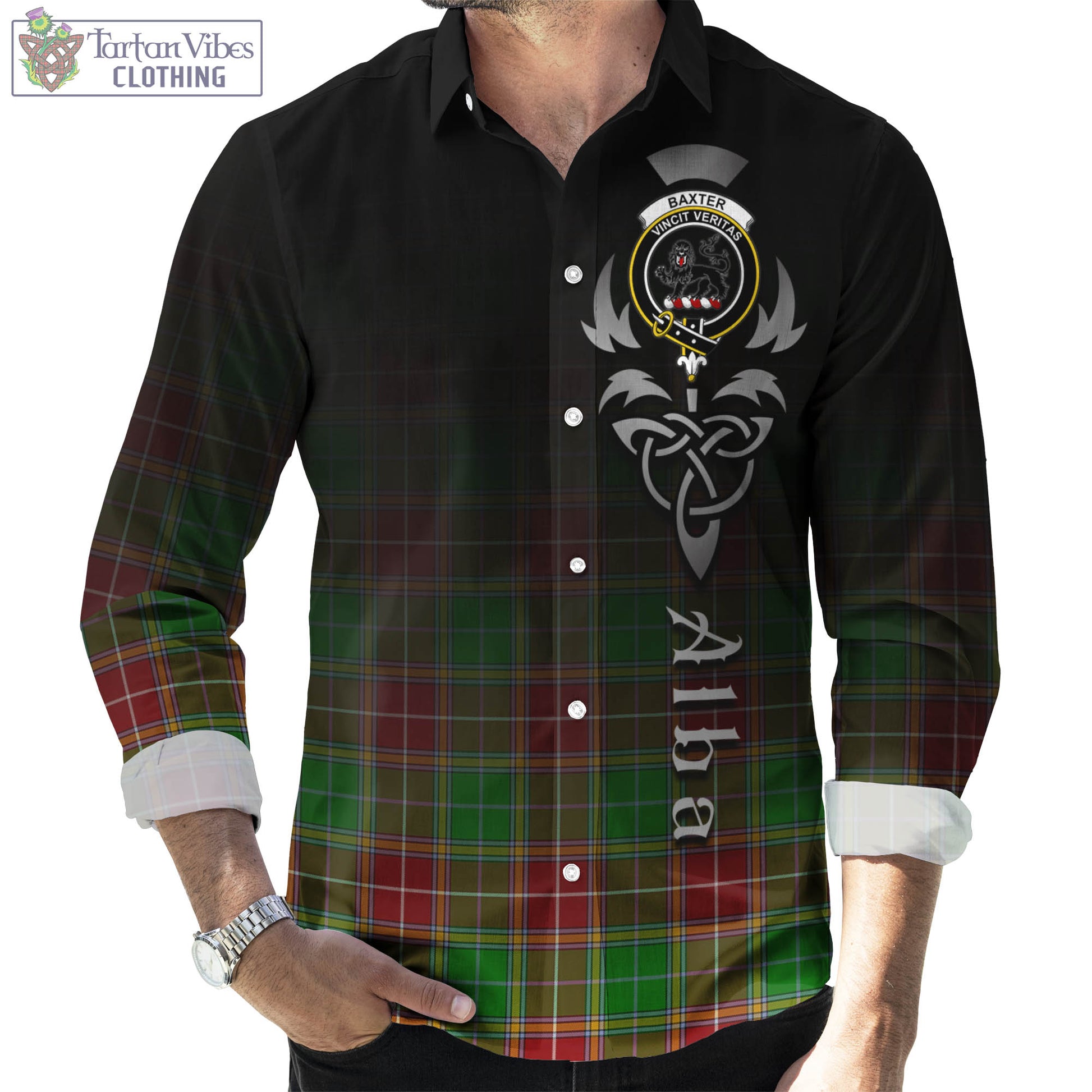 Tartan Vibes Clothing Baxter Modern Tartan Long Sleeve Button Up Featuring Alba Gu Brath Family Crest Celtic Inspired