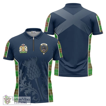 Baxter Modern Tartan Zipper Polo Shirt with Family Crest and Scottish Thistle Vibes Sport Style