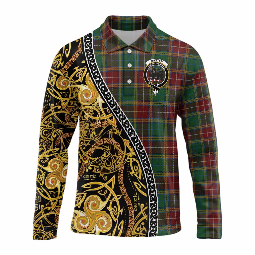 Baxter Tartan Crest Long Sleeve Polo Shirt Celtic Knot and Triple Trickle Spiral Symbols