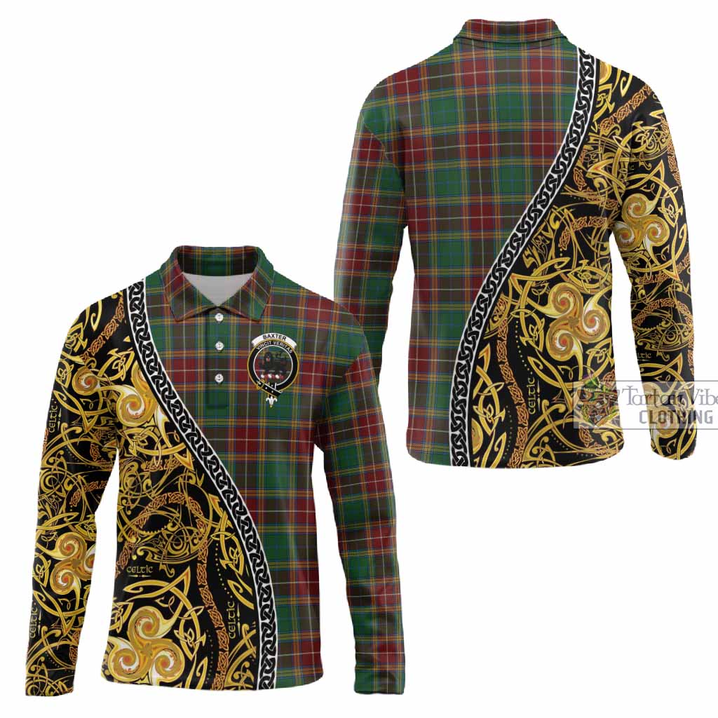 Baxter Tartan Crest Long Sleeve Polo Shirt Celtic Knot and Triple Trickle Spiral Symbols