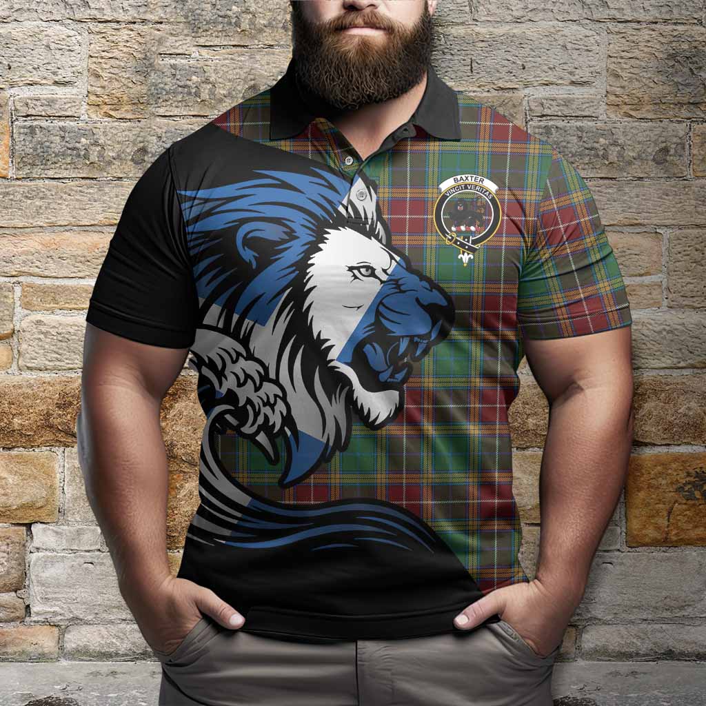 Baxter Tartan Crest Polo Shirt Scottish Golden Lions Wave Flow