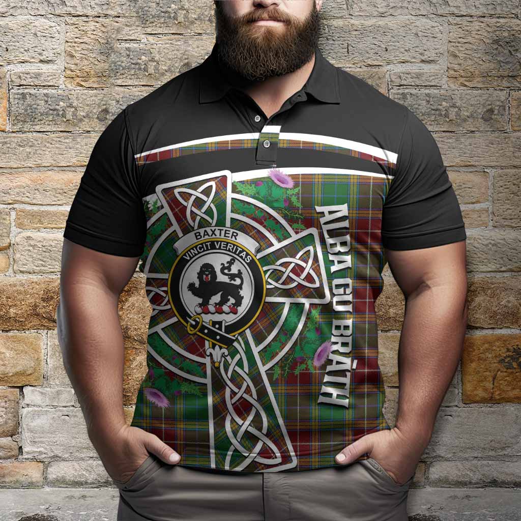 Baxter Tartan Crest Polo Shirt Scottish Thistle Celtic Cross Alba Gu Brath