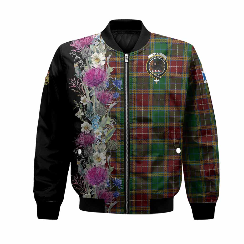Baxter Tartan Crest Thistle Floral Bomber Jacket Unisex Black - Tartan Vibes Clothing