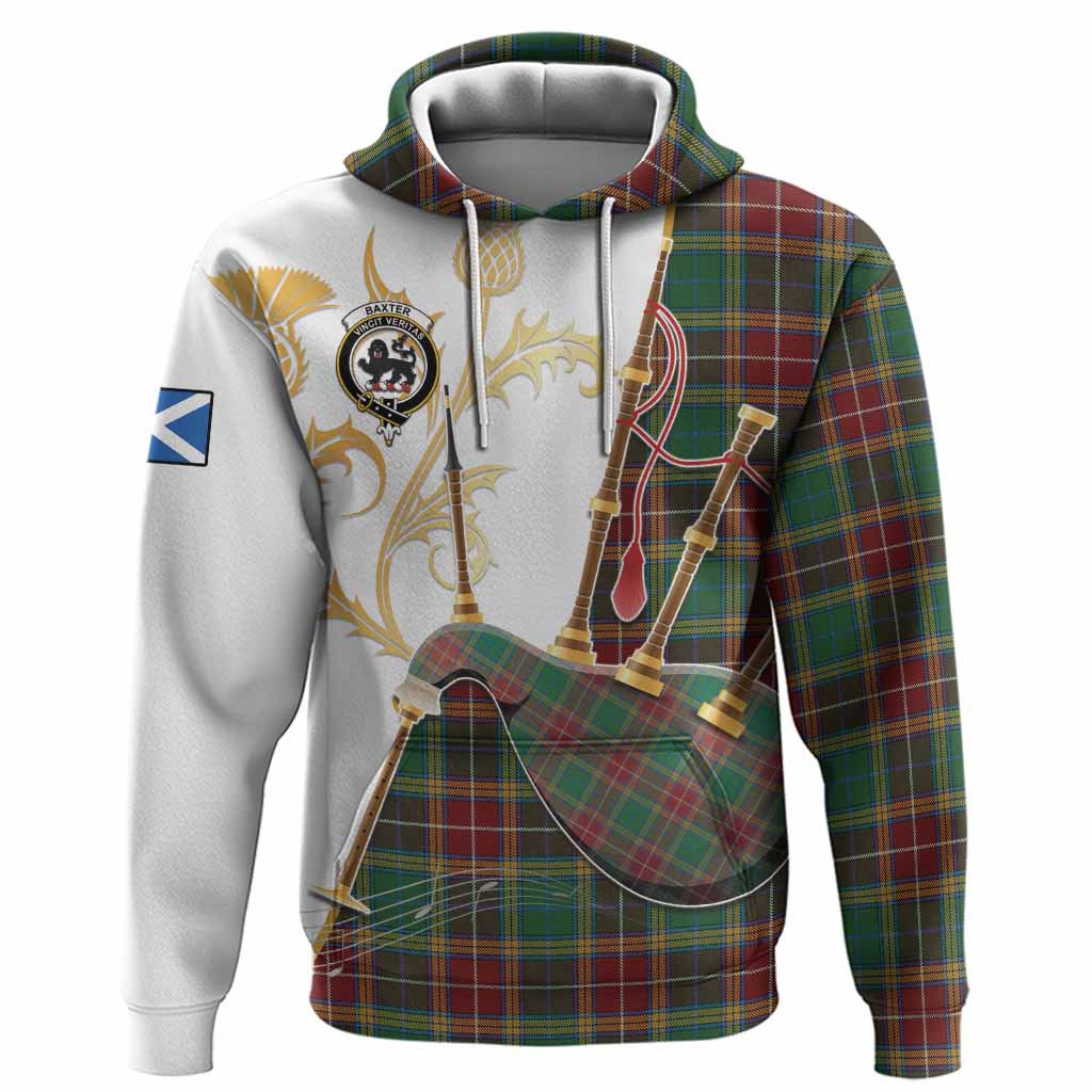 Baxter Tartan Family Crest Hoodie Bagpipes with Scottish Thistle