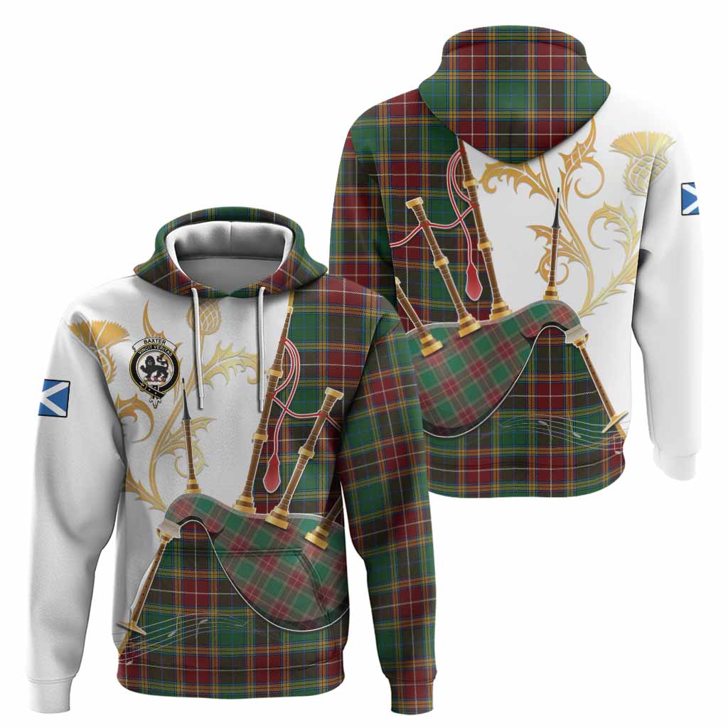 Baxter Tartan Family Crest Hoodie Bagpipes with Scottish Thistle
