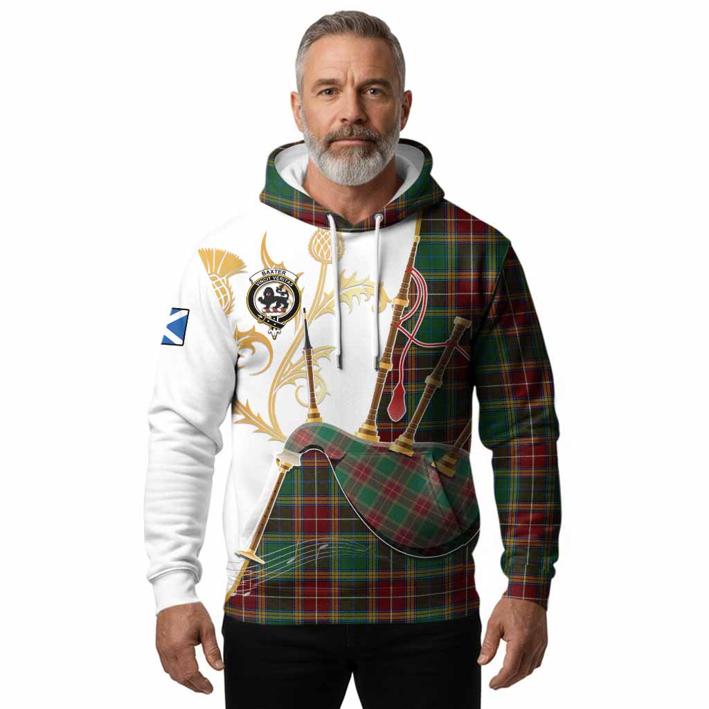Baxter Tartan Family Crest Hoodie Bagpipes with Scottish Thistle