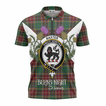 Baxter Tartan Family Crest Zipper Polo Shirt Scottish Burns Night Thistle Floral