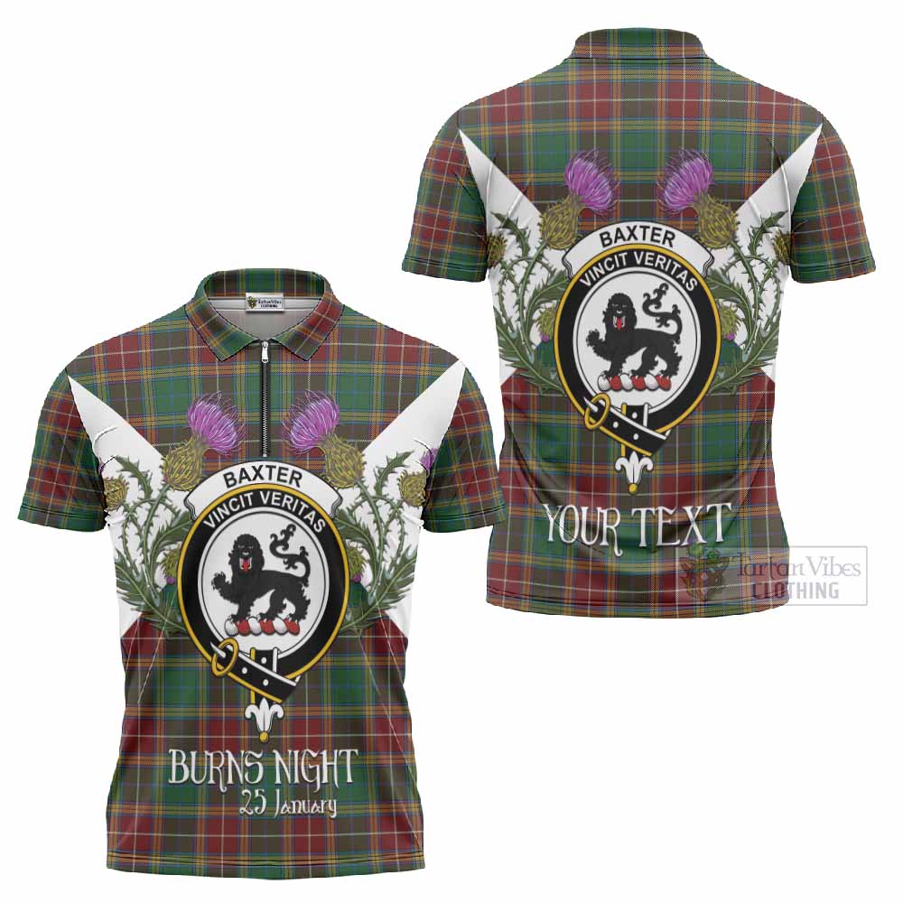 Baxter Tartan Family Crest Zipper Polo Shirt Scottish Burns Night Thistle Floral