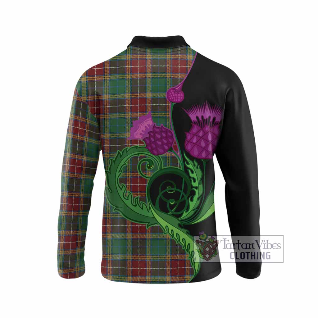 Baxter Tartan Long Sleeve Polo Shirt Traditional Scottish Thistle