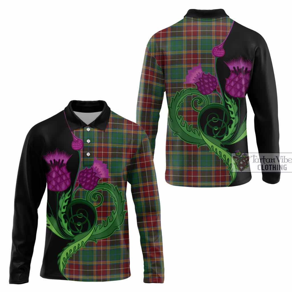Baxter Tartan Long Sleeve Polo Shirt Traditional Scottish Thistle