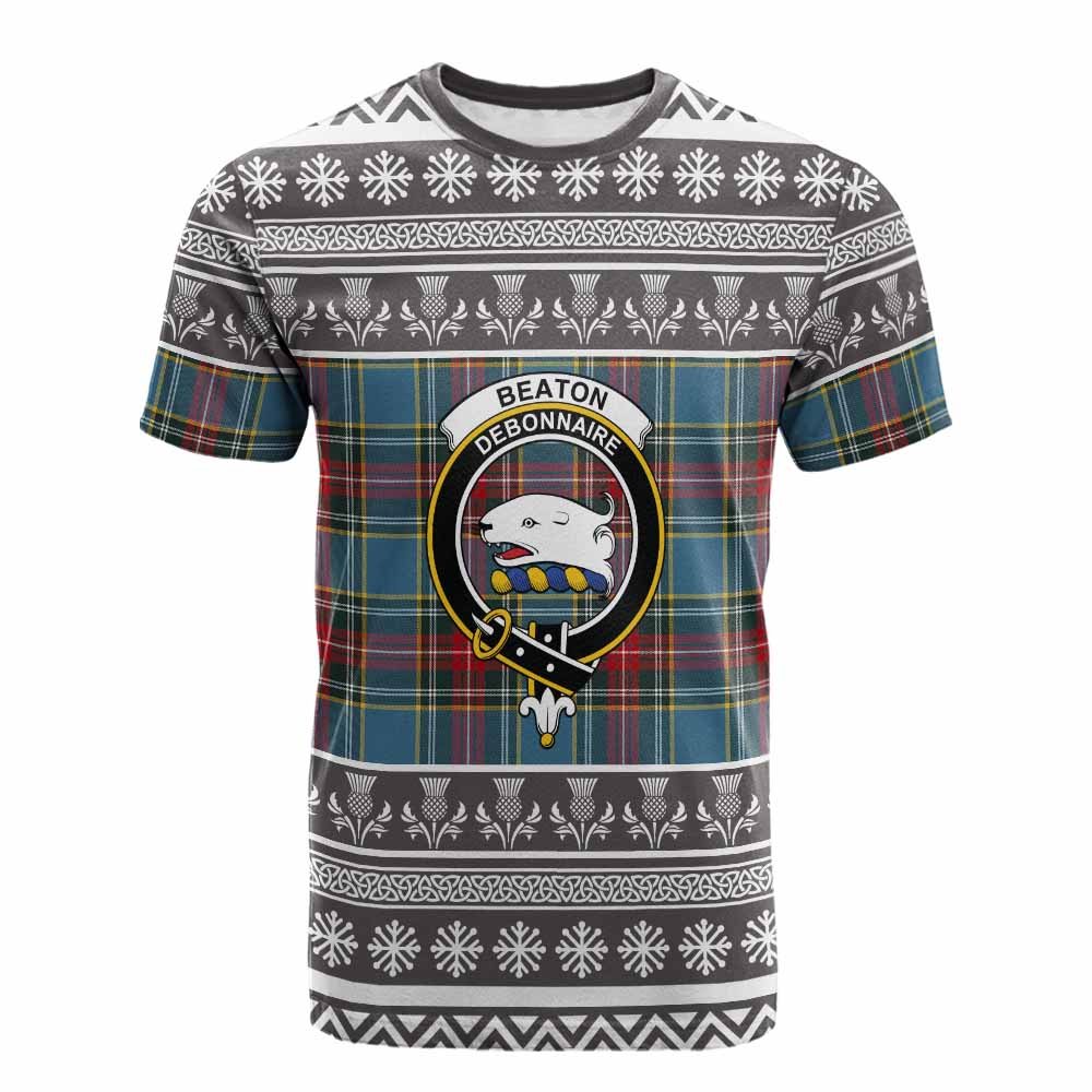 Beaton Clan Tartan Christmas Cotton T-shirt with Family Crest - Tartan Vibes Clothing