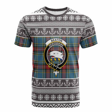 Beaton Clan Tartan Christmas Cotton T-shirt with Family Crest - Tartan Vibes Clothing