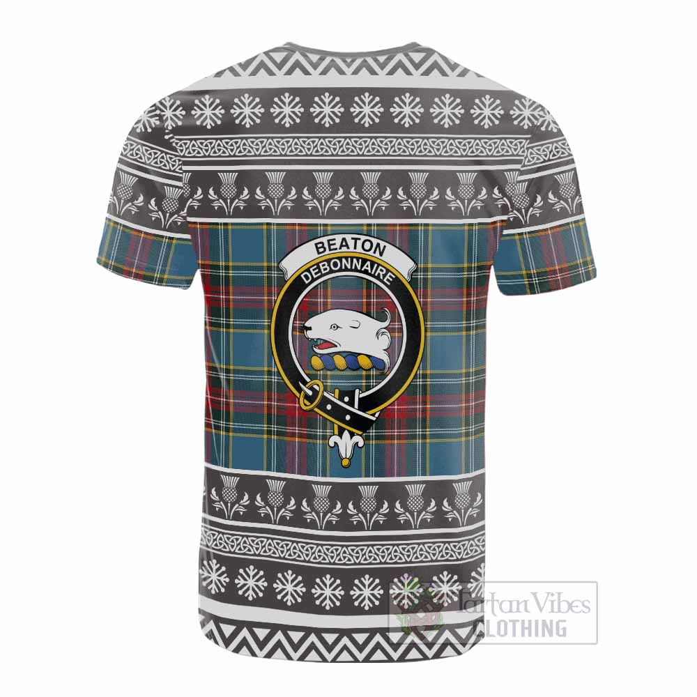 Beaton Clan Tartan Christmas Cotton T-shirt with Family Crest - Tartan Vibes Clothing