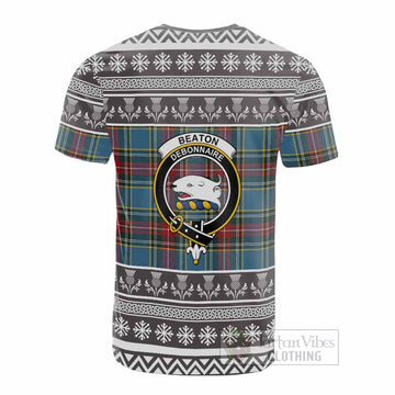 Beaton Clan Tartan Christmas Cotton T-shirt with Family Crest - Tartan Vibes Clothing