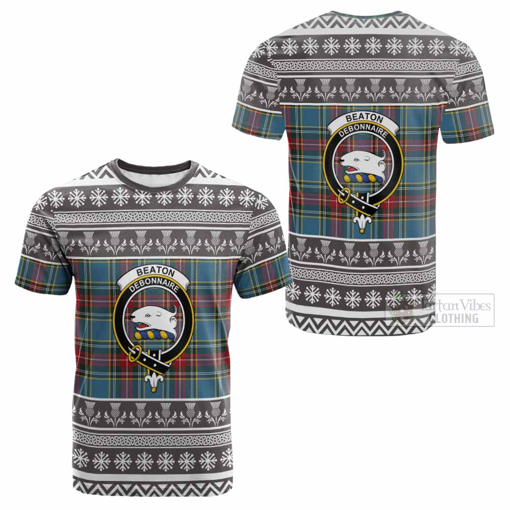 Beaton Clan Tartan Christmas Cotton T-shirt with Family Crest - Tartan Vibes Clothing