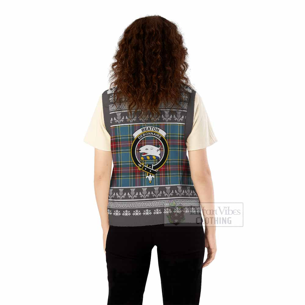 Beaton Clan Tartan Christmas Knitted V-Neck Vest with Family Crest - Tartan Vibes Clothing
