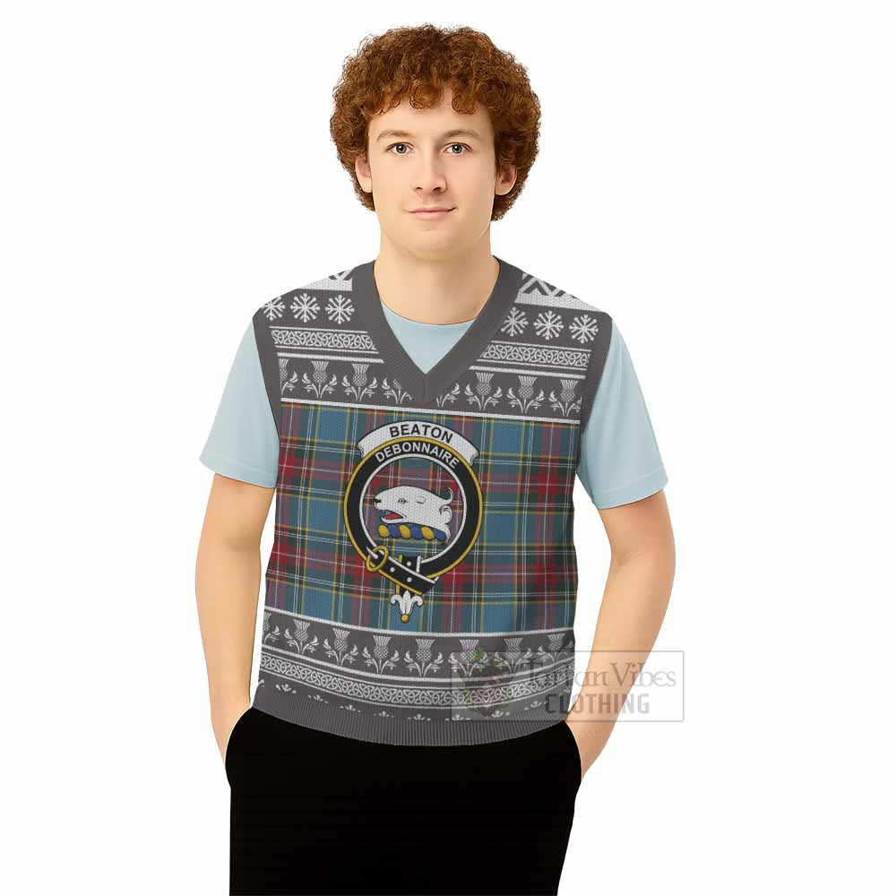Beaton Clan Tartan Christmas Knitted V-Neck Vest with Family Crest - Tartan Vibes Clothing