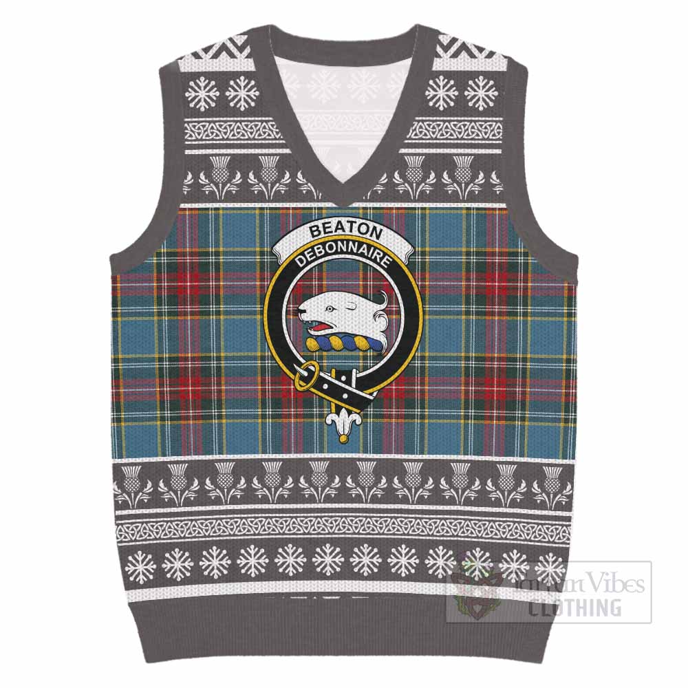 Beaton Clan Tartan Christmas Knitted V-Neck Vest with Family Crest - Tartan Vibes Clothing