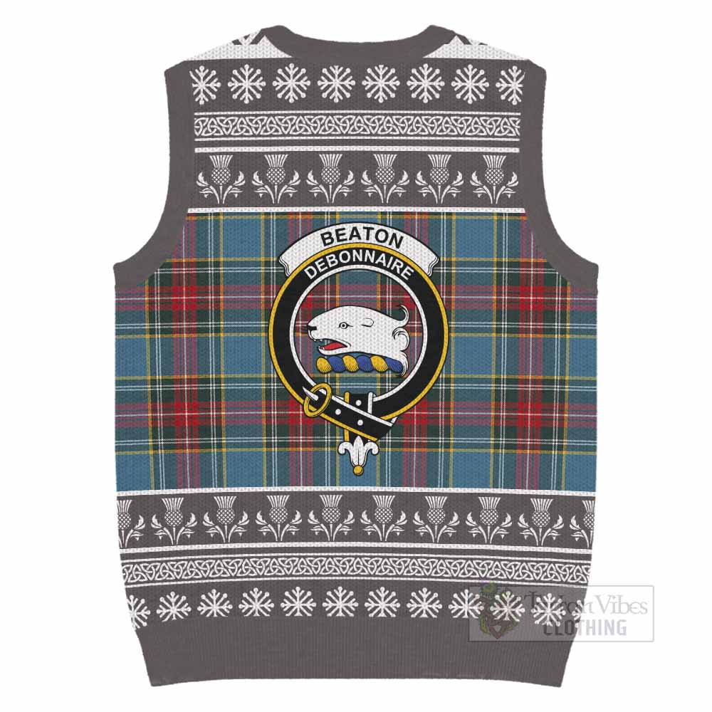 Beaton Clan Tartan Christmas Knitted V-Neck Vest with Family Crest - Tartan Vibes Clothing