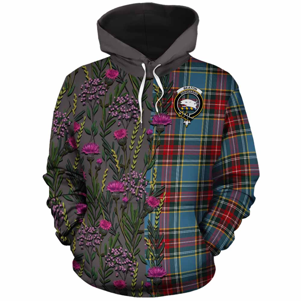 Beaton Family Crest Tartan Cotton Hoodie Scottish Thistle Flower Pattern Half Style - Tartan Vibes Clothing