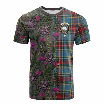 Beaton Family Crest Tartan Cotton T-shirt Scottish Thistle Flower Pattern Half Style - Tartan Vibes Clothing