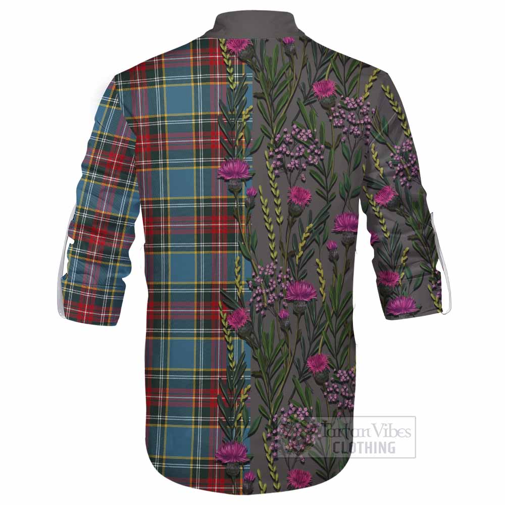 Beaton Family Crest Tartan Ghillie Shirt Scottish Thistle Flower Pattern Half Style - Tartan Vibes Clothing