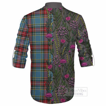 Beaton Family Crest Tartan Ghillie Shirt Scottish Thistle Flower Pattern Half Style - Tartan Vibes Clothing
