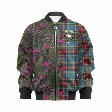 Beaton Family Crest Tartan Kid Bomber Jacket Scottish Thistle Flower Pattern Half Style - Tartan Vibes Clothing