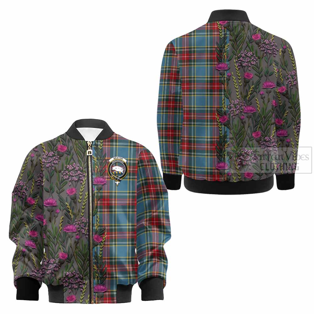 Beaton Family Crest Tartan Kid Bomber Jacket Scottish Thistle Flower Pattern Half Style - Tartan Vibes Clothing