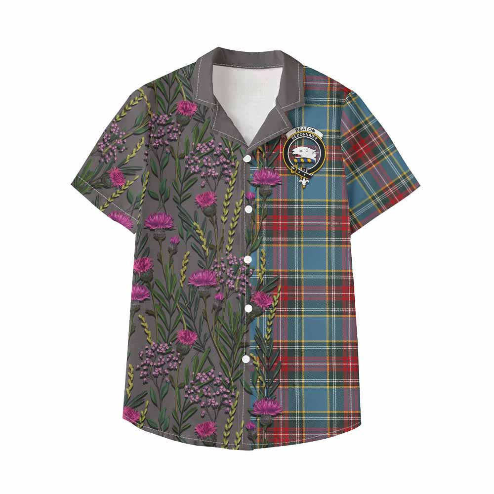 Beaton Family Crest Tartan Kid Hawaiian Shirt Scottish Thistle Flower Pattern Half Style - Tartan Vibes Clothing