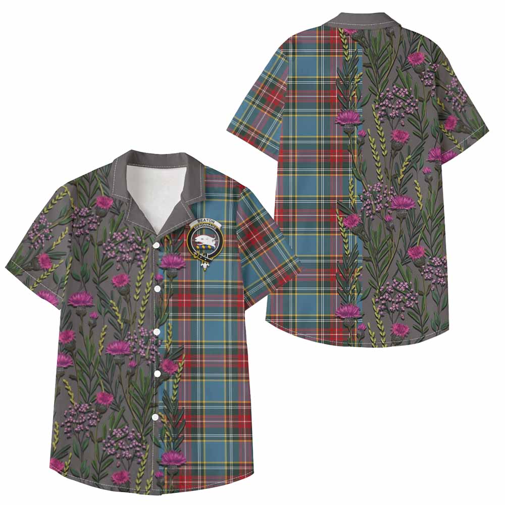 Beaton Family Crest Tartan Kid Hawaiian Shirt Scottish Thistle Flower Pattern Half Style - Tartan Vibes Clothing