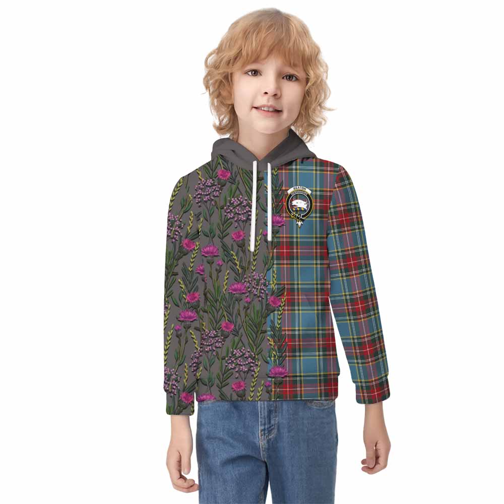 Beaton Family Crest Tartan Kid Hoodie Scottish Thistle Flower Pattern Half Style - Tartan Vibes Clothing